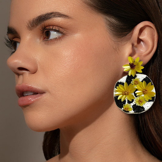 Cow Print Cowgirl Sunflower Fields Round Seed Beaded Earrings