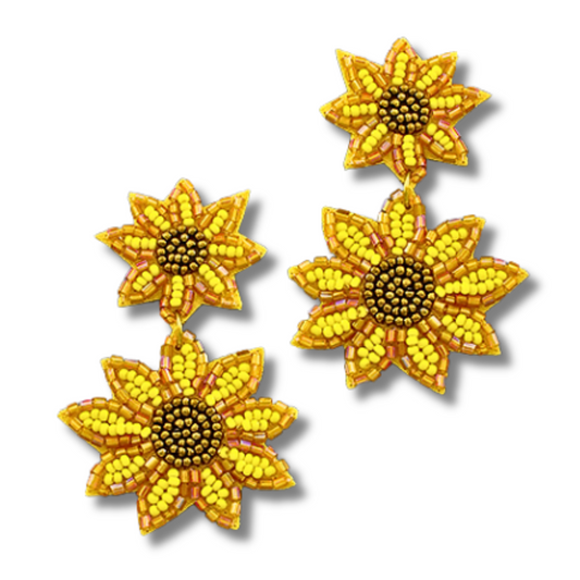 Double Drop Sunflower Seed Beaded Earrings