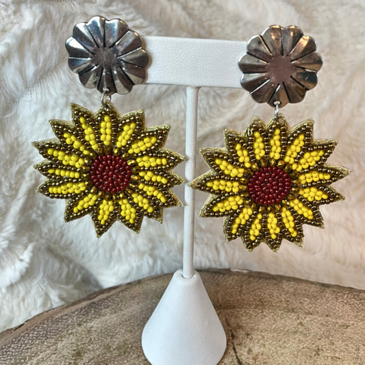 Western Cowgirl Concho Sunflower Seed Beaded Floral Boho Earrings