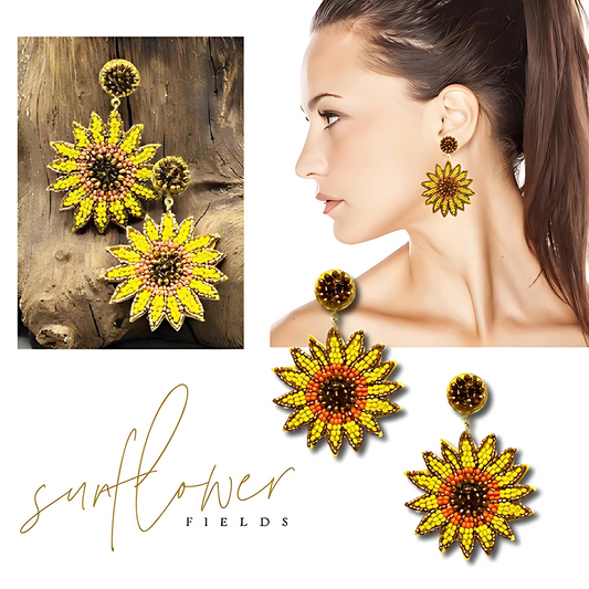 Sunflower Seed Beaded Floral Boho Earrings