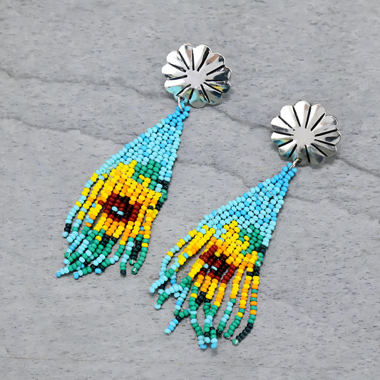 Western Concho Sunflower Seed Beaded Floral Boho Tassel Earrings