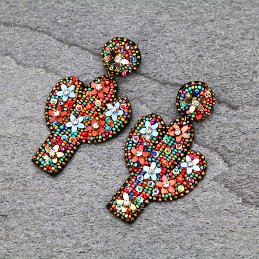 Western Bead & Flower Multi-Color Boho Cactus Earrings