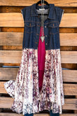 Deidre Blue Denim Vest Boho Lace Hem in Pink Rose
