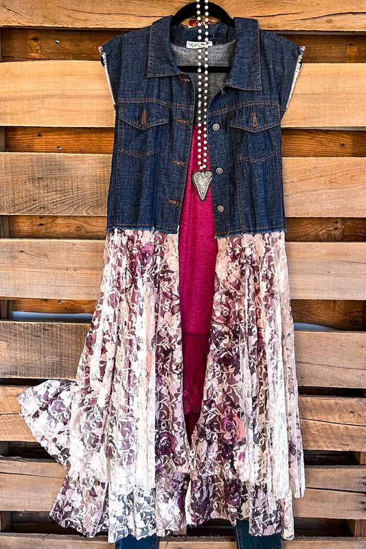 Deidre Blue Denim Vest Boho Lace Hem in Pink Rose