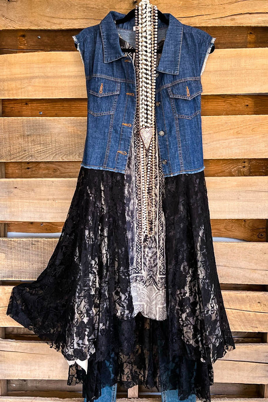 Deidre Blue Denim Vest Boho Lace Hem in Black