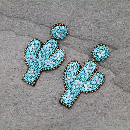 Western Bead & Flower Turquoise Boho Cactus Earrings