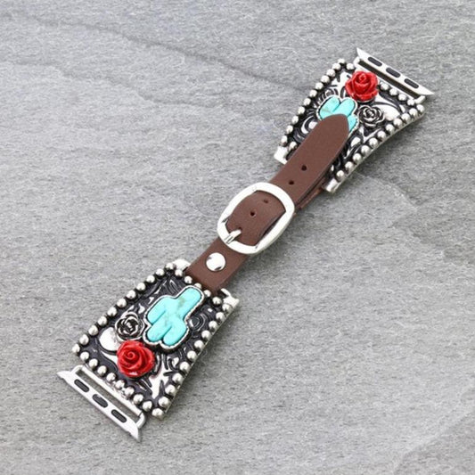 Western Rose Boho APPLE WATCH Leather Turquoise Cactus Watch Band