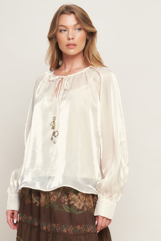 ETERNAL PEARL CHARM WOVEN PEASANT TOP
