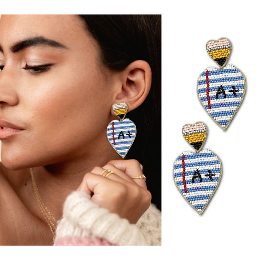 Paper Pencil Teacher Heart Beaded Earrings