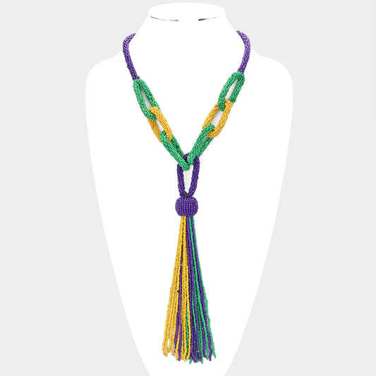 Mardi Gras Seed Bead Knot Fringe Long Necklace
