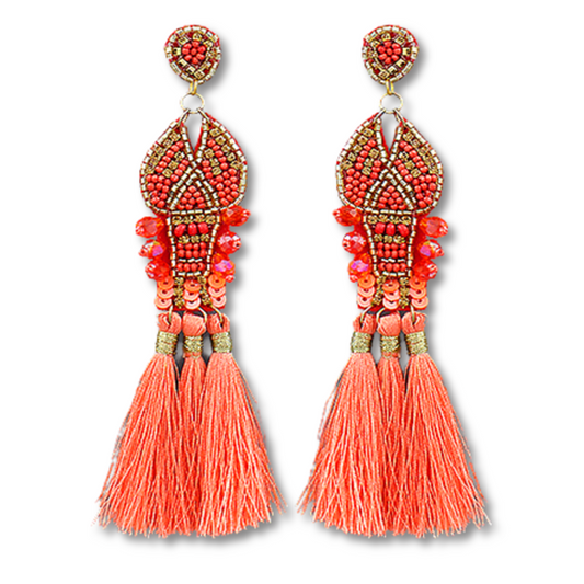 Coral Crawfish Beaded Earrings with Long Tassels