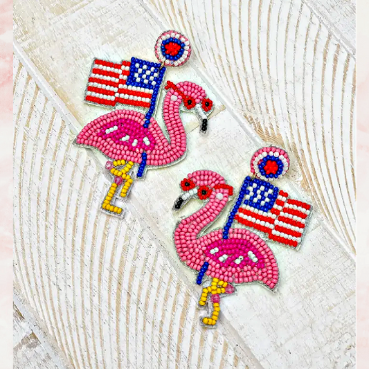 Flamingo American Flag Patriotic Beaded Earrings