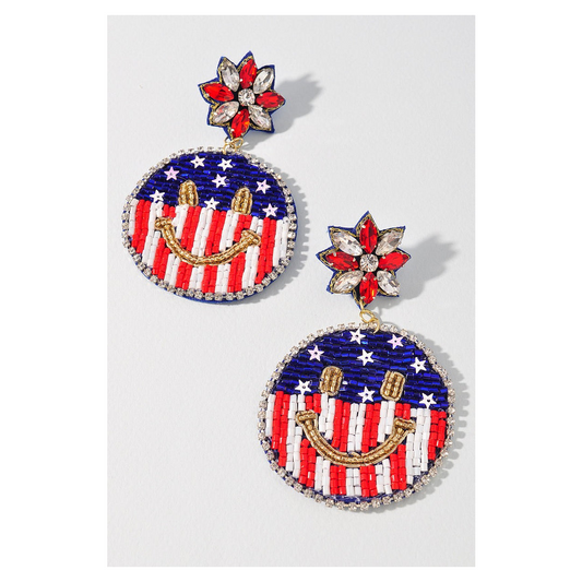 Smiley Face Emoji USA Flag Patriotic Beaded Earrings