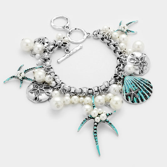 Pearl Bead Embellished Starfish Seashell Charm Bracelet