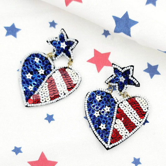 Star Heart American Flag USA Sparkle Sequin Bead Earrings
