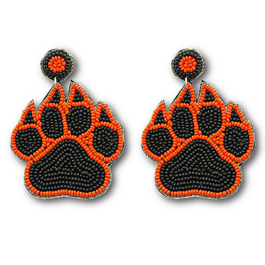 Tiger Orange Black Paw Seed Beaded Gameday Football Earrings