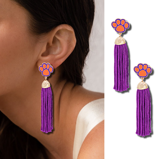 CLEMSON Orange Purple College Football Tiger Paw Cheer Tassel Earrings