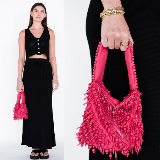 The Averlee Artisan Beaded Mini Bucket Bag in Fuchsia