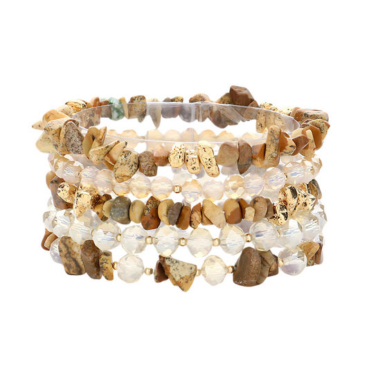 5PC Natural Stone Beaded Stretch Multi Layered Bracelet SET