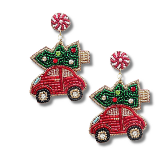 Christmas Tree Haul Car Ride Seed Beaded Earrings