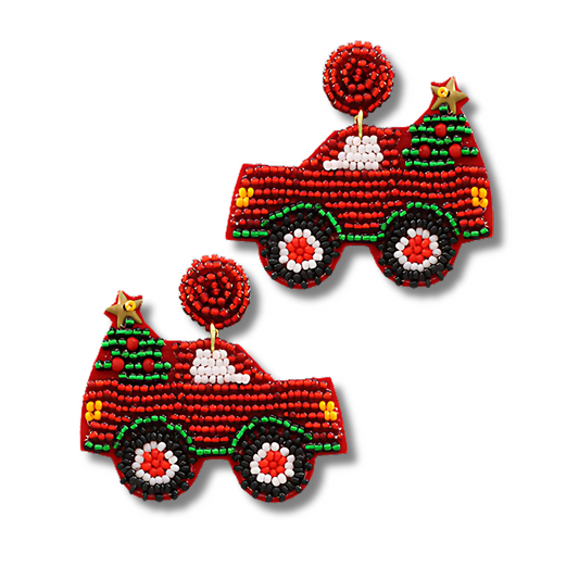 Christmas Tree Haul Red Truck Seed Beaded Earrings