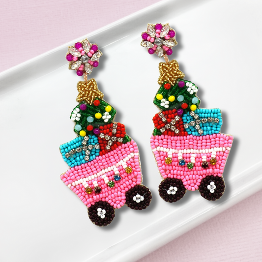 Pile of Presents Christmas Wagon Bling Beaded Earrings