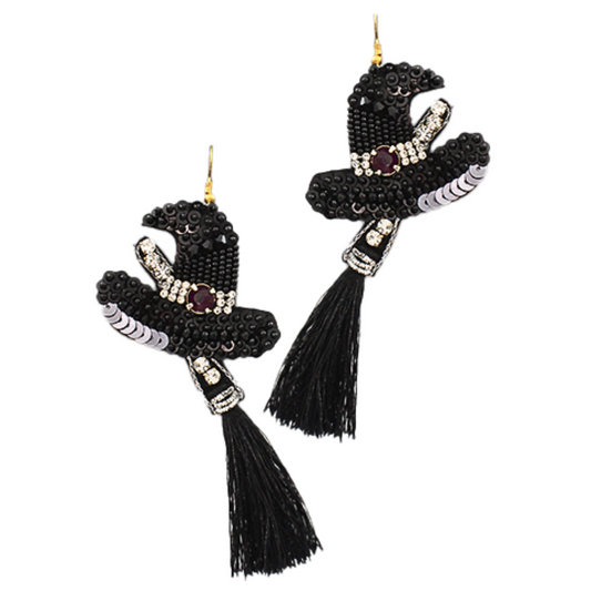 Jeweled Beaded Crystal Witch Hat Broom Halloween Earrings