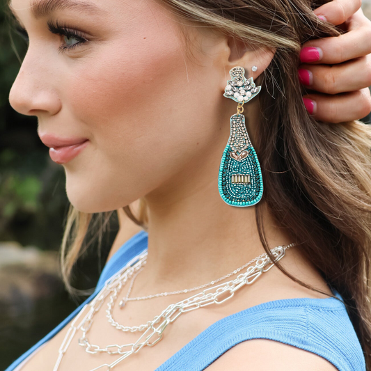 Teal Silver Crystal Beaded Champagne Bottle Party Earrings