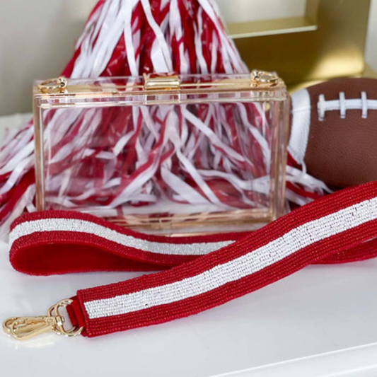 Red White Striped Seed Beaded Football Crossbody Bag Guitar Strap