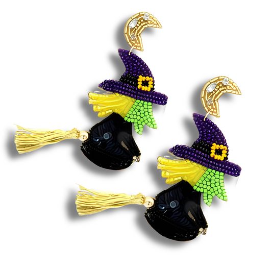 Moon Ride Broomstick Witch Bead Rhinestone Earrings