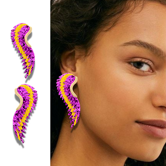 LSU Football Purple Gold Angel Wing Sequin Fan Earrings