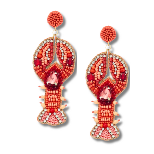 Coral Lobster Beaded Marquis Crystal Rhinestone Earrings