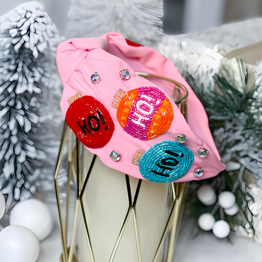 Christmas Santa Beaded Crystal Top Knot Pink Headband
