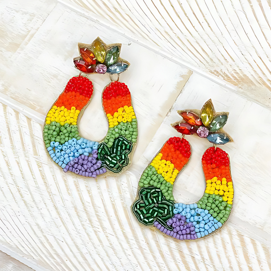 St Patrick's Day Jeweled Rainbow Lucky Shamrock Beaded Earrings