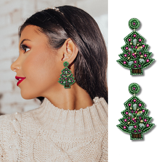 Pink Beaded Christmas Tree Seed Bead Earrings