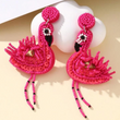 Fuchsia Pink Flamingo Beaded Crystal Jeweled Dangle Earrings