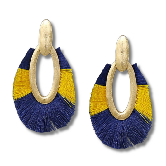 Blue Yellow Football Team Gameday Oval Fringe Earrings