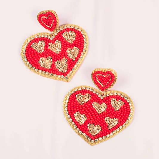 Hearts of Gold Rhinestone Beaded Drop Earrings