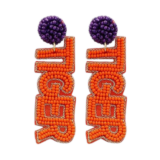 Clemson Tiger Word Football Beaded Orange Purple Earrings