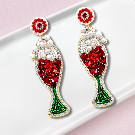 Cranberry Champagne Christmas Beaded Rhinestone Earrings