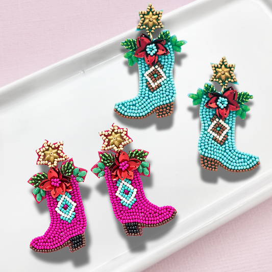 Christmas Beaded Western Boots Star Flower Earrings