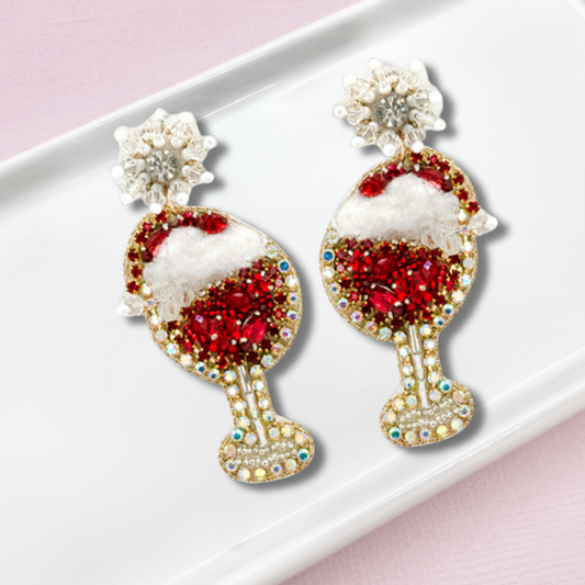 Festive Wine Glass Christmas Beaded Rhinestone Earrings