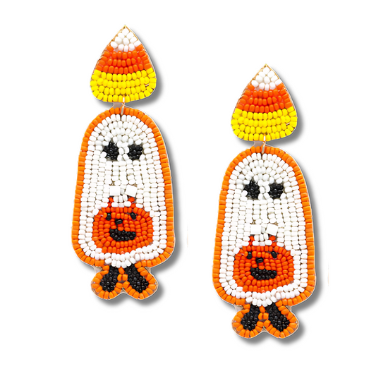 Halloween Candy Corn Trick or Treat Ghost Seed Beaded Earrings