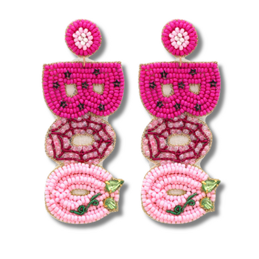 Pink Black BOO Pumpkin Patch Crystal Seed Beaded Earrings