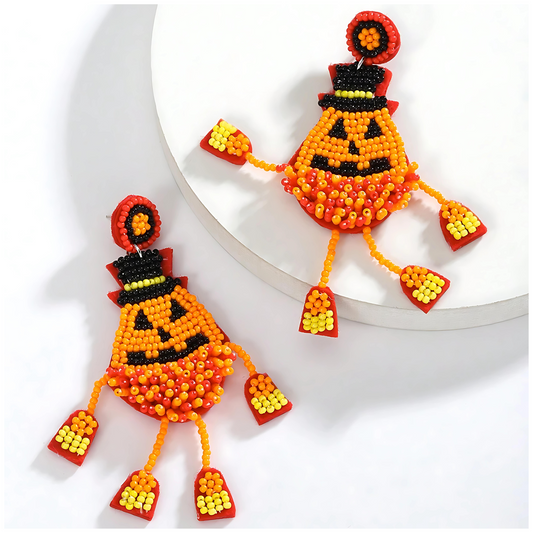Beaded Dancing Pumpkin Patch Man Halloween Earrings