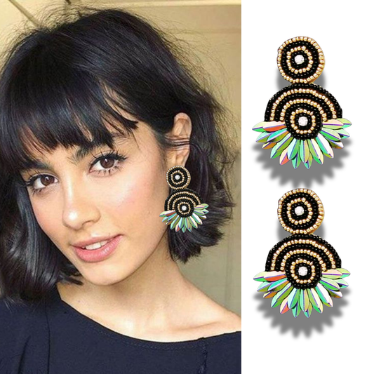 Sequin Fringe Seed Beaded Disc Drop Earrings