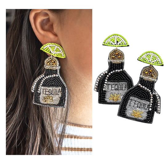 Tequila Bottle With Lime Seed Beaded Earrings