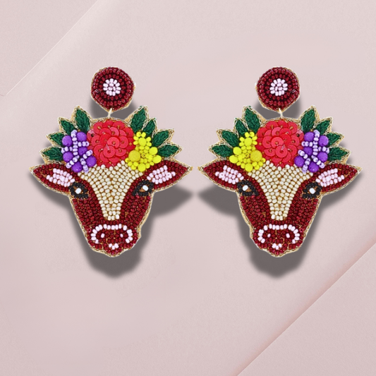 Boho Flower Crown Cow Beaded Earrings