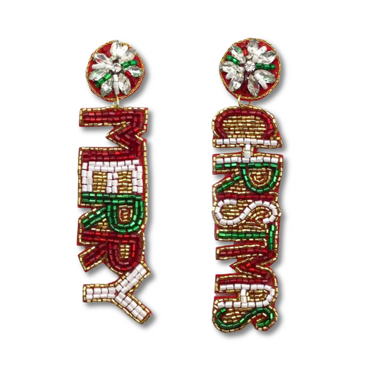 Merry Christmas Words Glass Beaded Sparkle Earrings