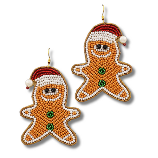 Gingerbread Man Christmas Seed Beaded Earrings